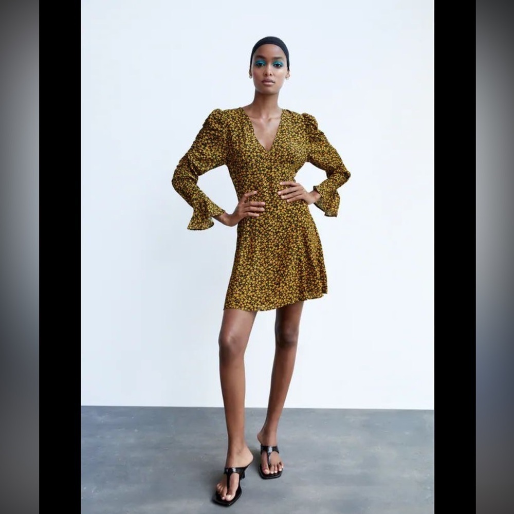 ZARA Mustard Floral Long Sleeve Dress
